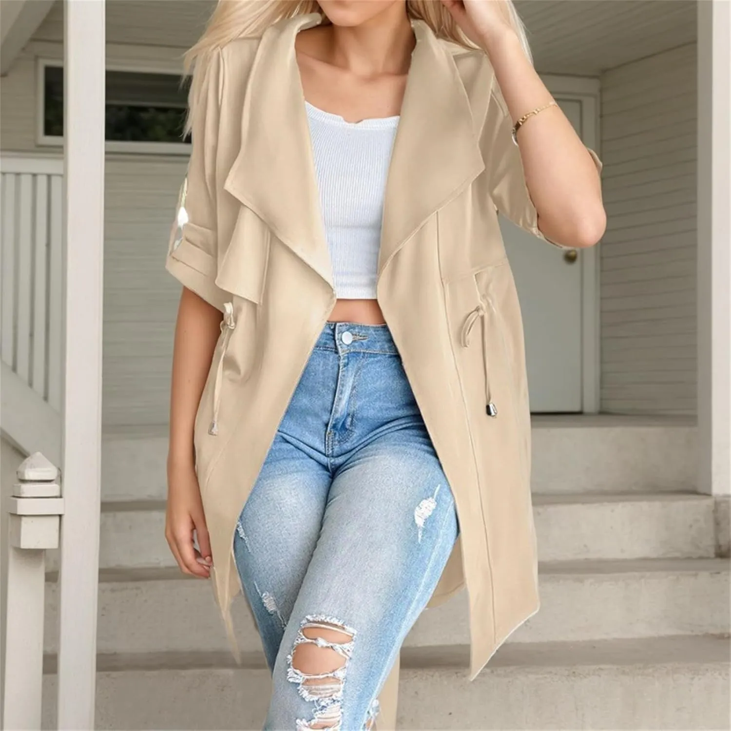 IVERIRMIN Womens Rolled-up Sleeve Draped Open Front Jacket Dressy Casual Lapel Drawstring Waist Blazer Trench Coats Outwear