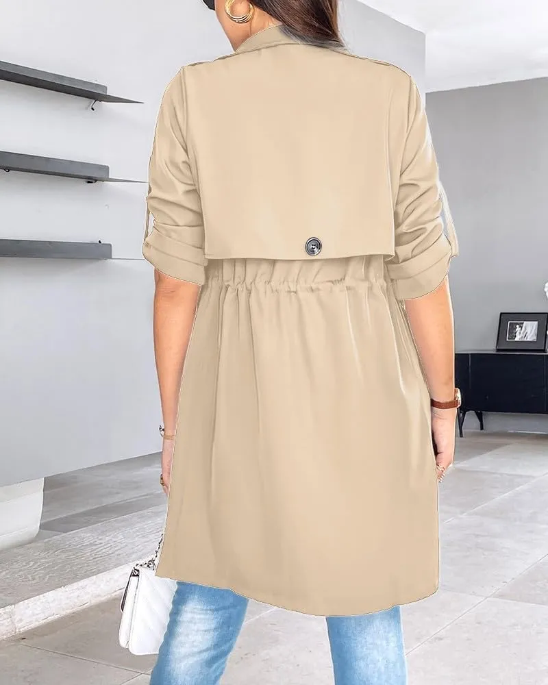 IVERIRMIN Womens Rolled-up Sleeve Draped Open Front Jacket Dressy Casual Lapel Drawstring Waist Blazer Trench Coats Outwear