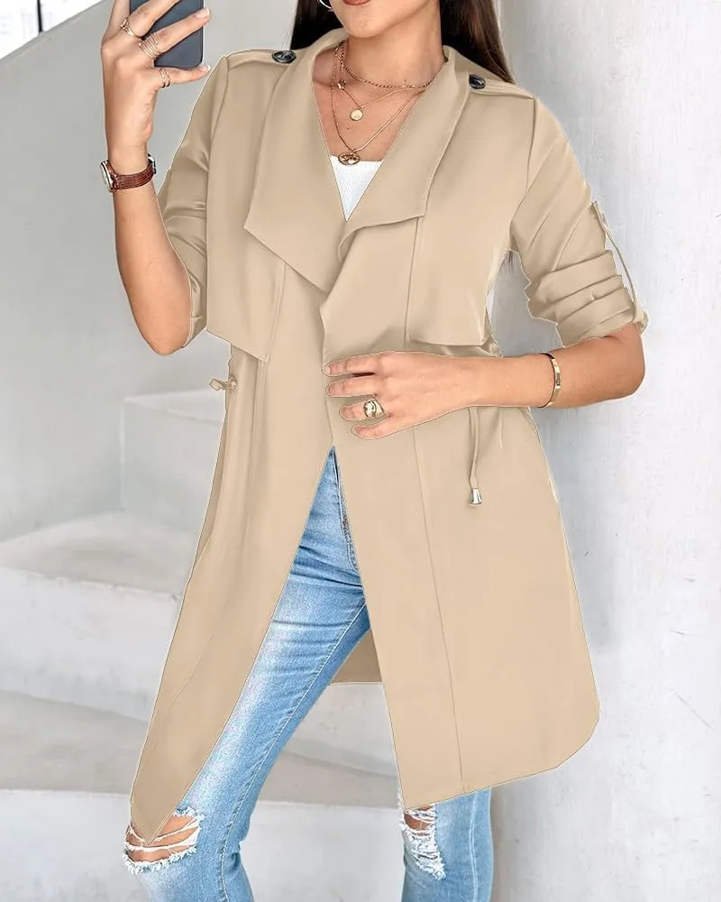 IVERIRMIN Womens Rolled-up Sleeve Draped Open Front Jacket Dressy Casual Lapel Drawstring Waist Blazer Trench Coats Outwear