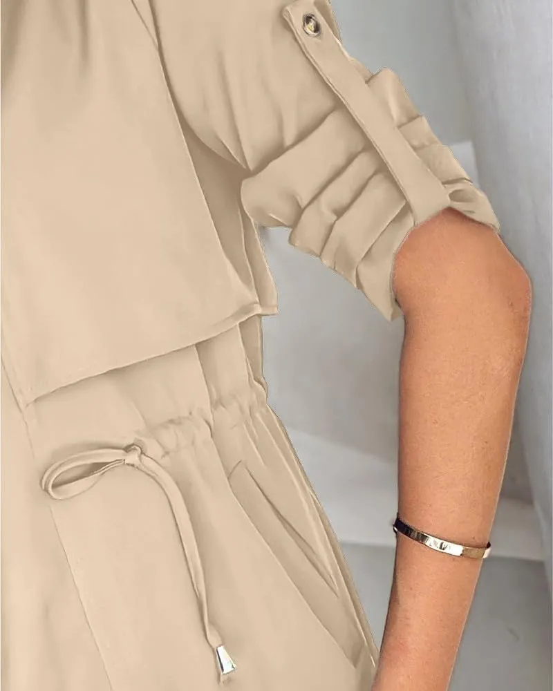 IVERIRMIN Womens Rolled-up Sleeve Draped Open Front Jacket Dressy Casual Lapel Drawstring Waist Blazer Trench Coats Outwear