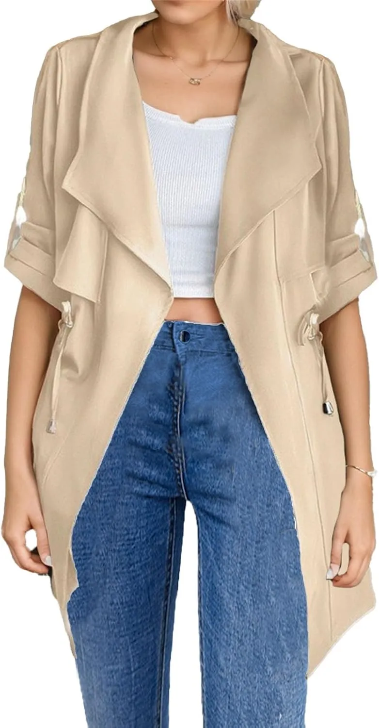 IVERIRMIN Womens Rolled-up Sleeve Draped Open Front Jacket Dressy Casual Lapel Drawstring Waist Blazer Trench Coats Outwear