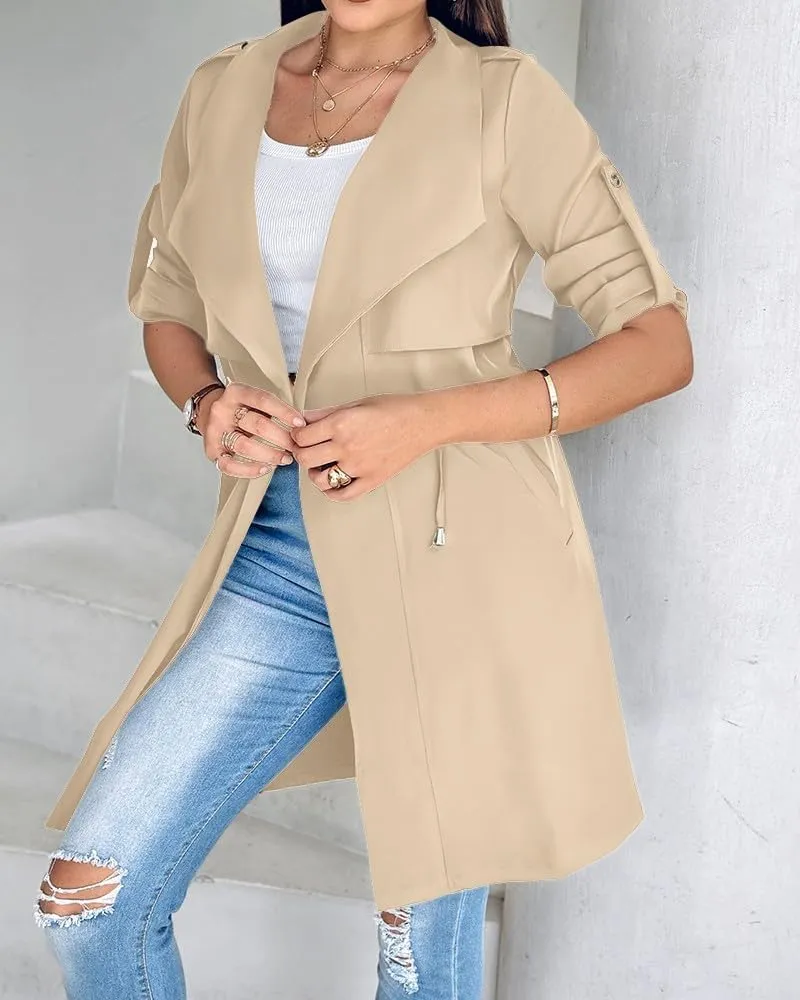 IVERIRMIN Womens Rolled-up Sleeve Draped Open Front Jacket Dressy Casual Lapel Drawstring Waist Blazer Trench Coats Outwear