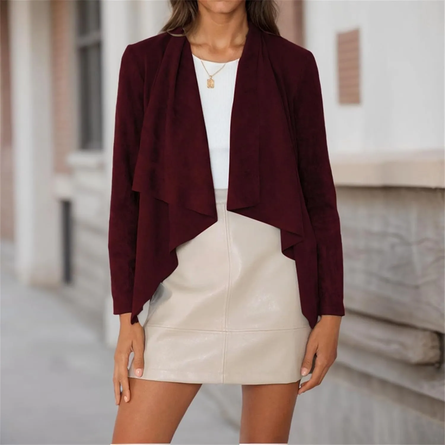 IVERIRMIN Women's Suede Draped Open Front Jacket Lapel Lightweight Faux Leather Biker Coats Fall Cropped Motorcycle Outwear