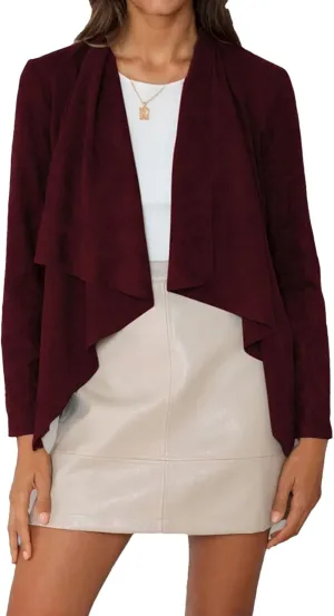 IVERIRMIN Women's Suede Draped Open Front Jacket Lapel Lightweight Faux Leather Biker Coats Fall Cropped Motorcycle Outwear