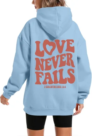 KIEKIECOO Graphic Hoodies With Designs for Teen Girls Aesthetic Cute Oversized Fall Sweatshirts Love Never Fails for Women