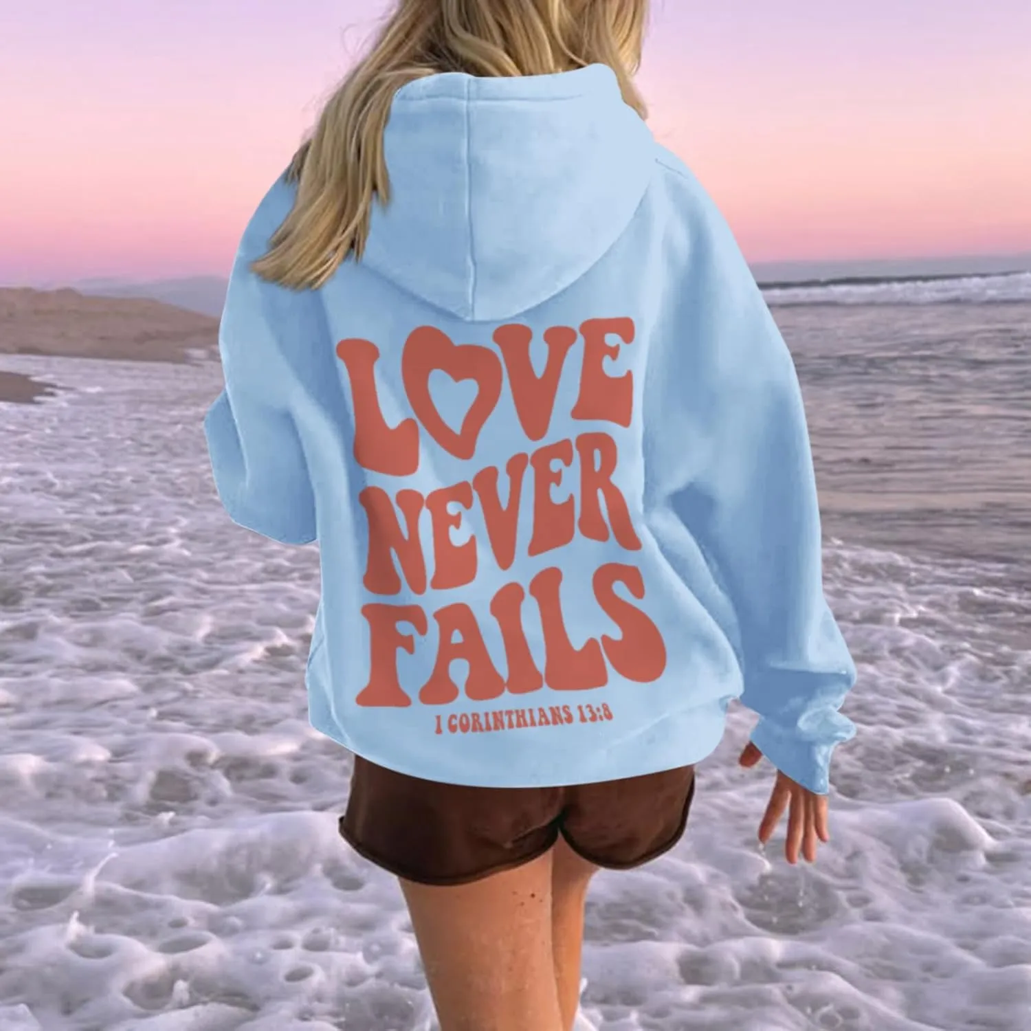 KIEKIECOO Graphic Hoodies With Designs for Teen Girls Aesthetic Cute Oversized Fall Sweatshirts Love Never Fails for Women