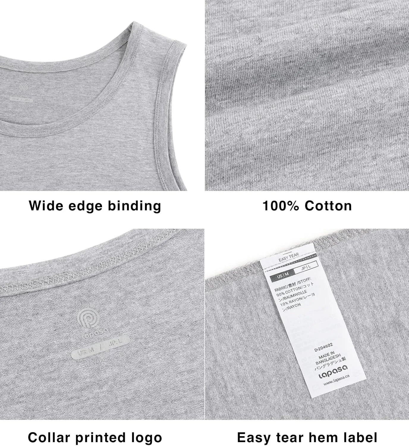 LAPASA Men's 100% Cotton Tank Top Ultra Soft Sleeveless Crewneck Breathable A-Shirts Basic Solid Undershirts Vest 4 Pack M36