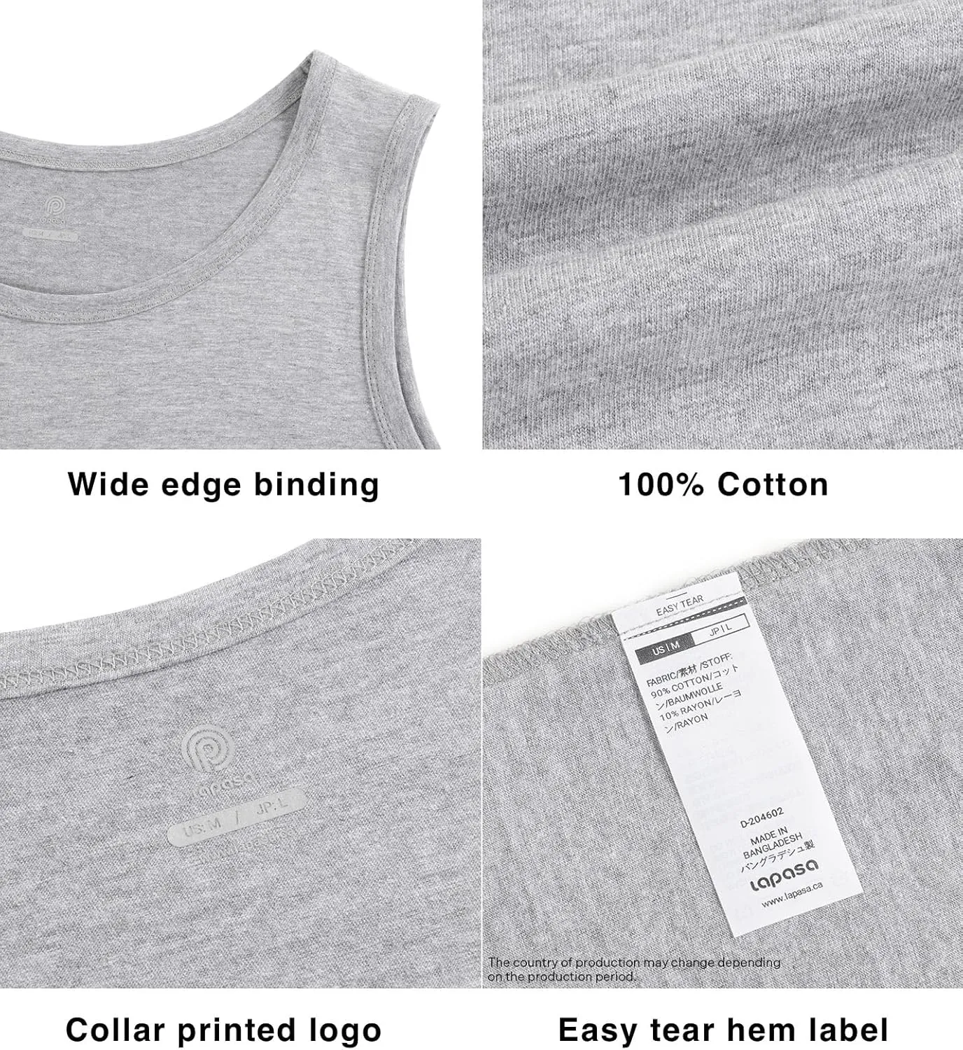 LAPASA Men's 100% Cotton Tank Top Ultra Soft Sleeveless Crewneck Breathable A-Shirts Basic Solid Undershirts Vest 4 Pack M36
