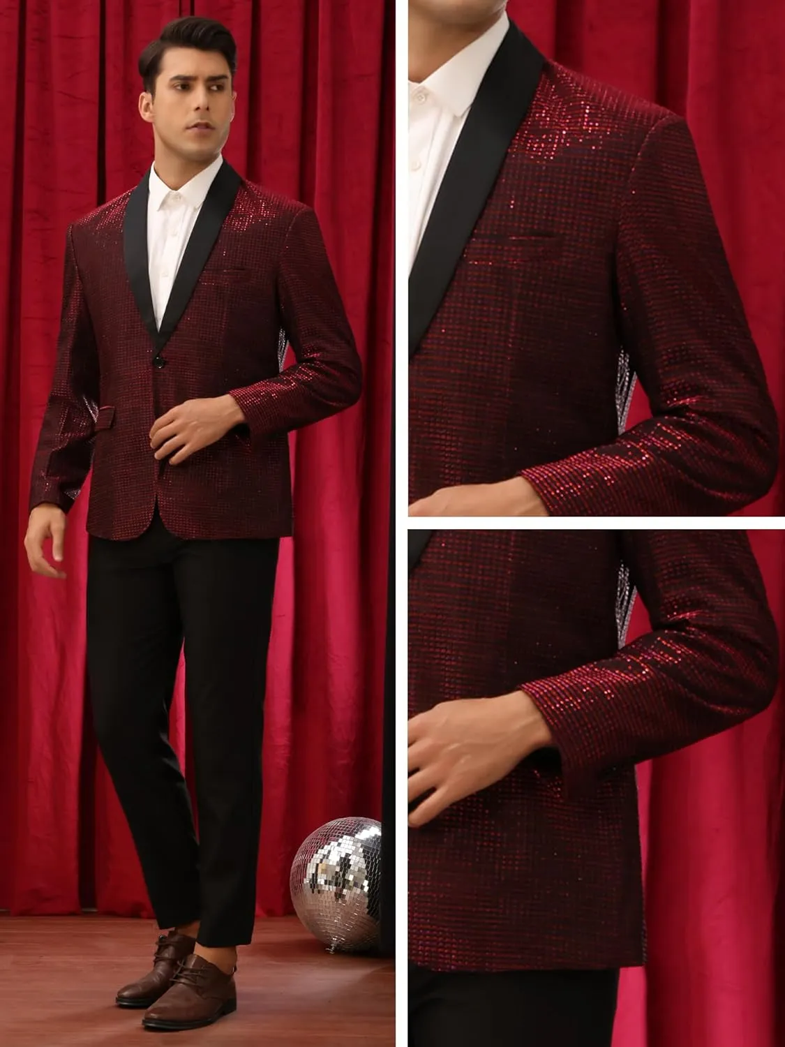 Lars Amadeus Metallic Tuxedo for Men's Shawl Lapel Wedding Dinner Prom Shiny Blazer
