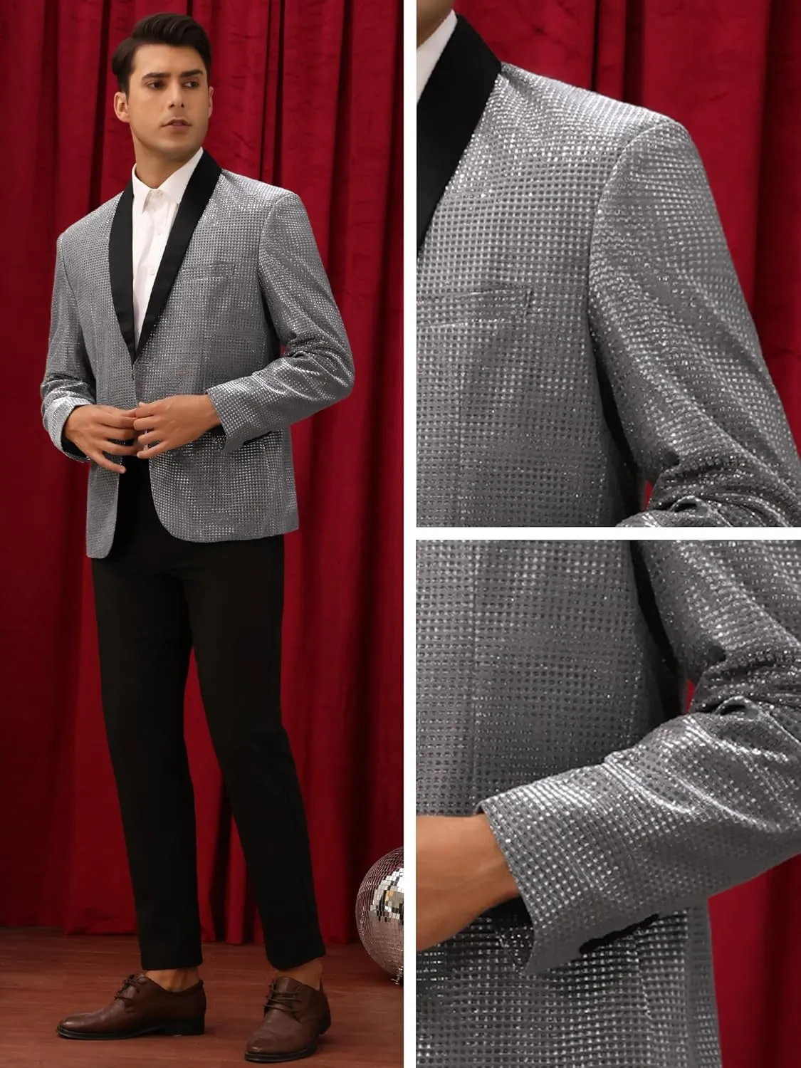 Lars Amadeus Metallic Tuxedo for Men's Shawl Lapel Wedding Dinner Prom Shiny Blazer