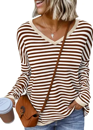 LILLUSORY Womens Sweaters Striped V Neck Oversized Lightweight Pullover Fall Outfits Fashion 2025 Cute Drop Shoulder Clothes