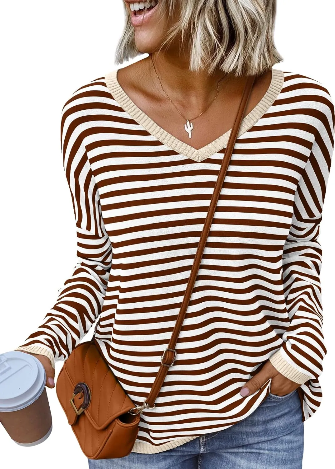 LILLUSORY Womens Sweaters Striped V Neck Oversized Lightweight Pullover Fall Outfits Fashion 2025 Cute Drop Shoulder Clothes