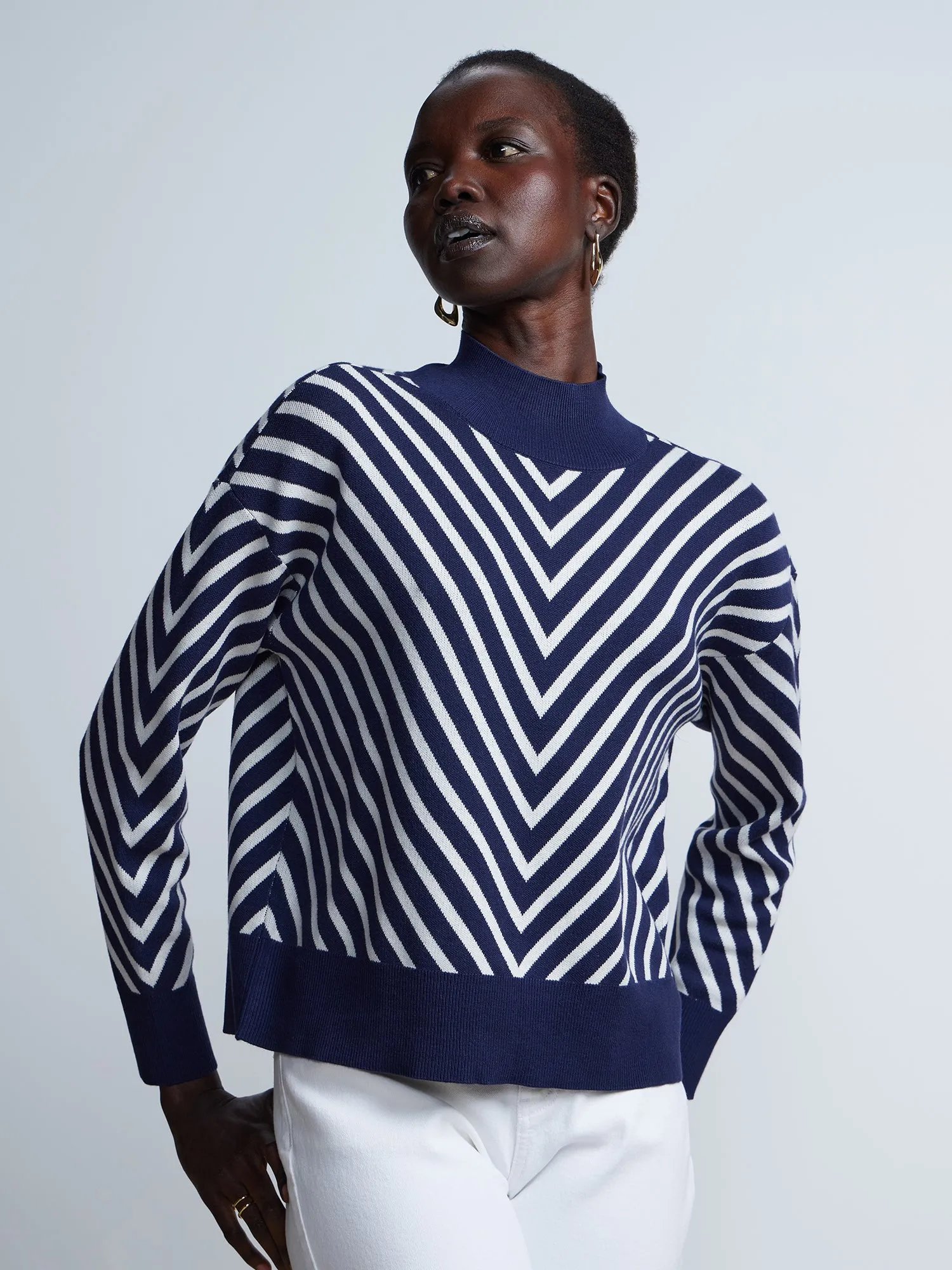 Long Sleeve Chevron Stripe Mock Neck Sweater