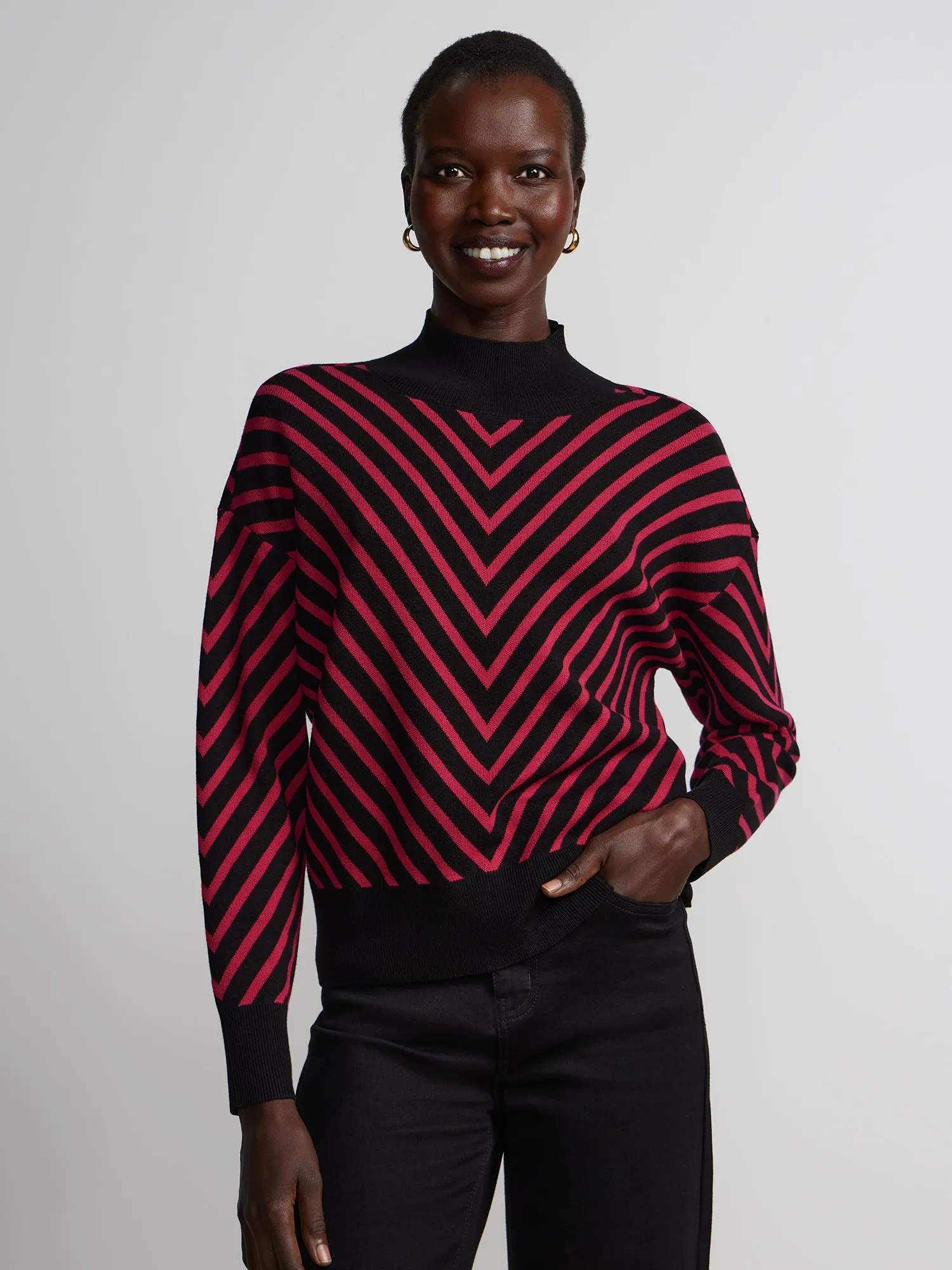 Long Sleeve Chevron Stripe Mock Neck Sweater