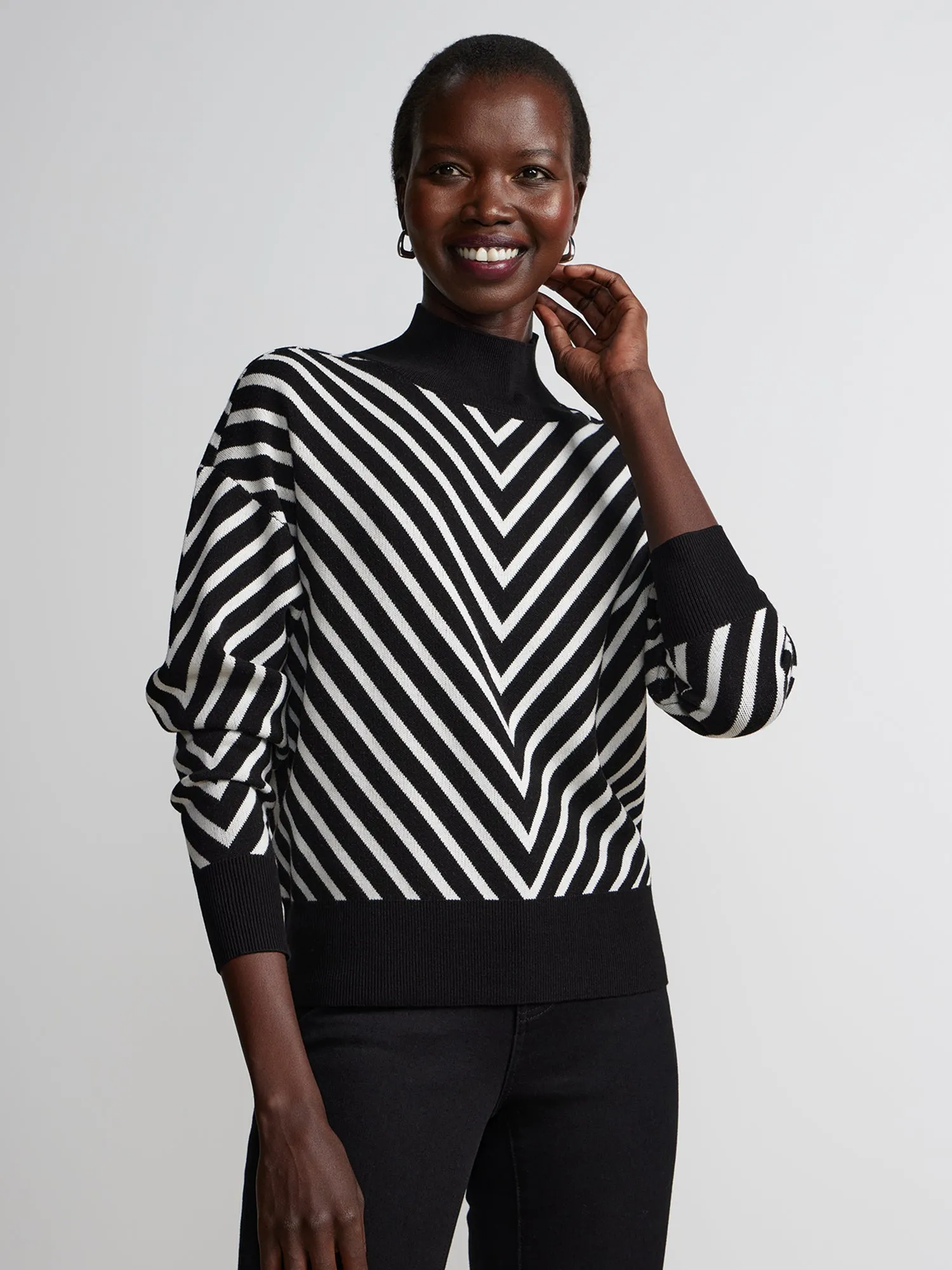 Long Sleeve Chevron Stripe Mock Neck Sweater