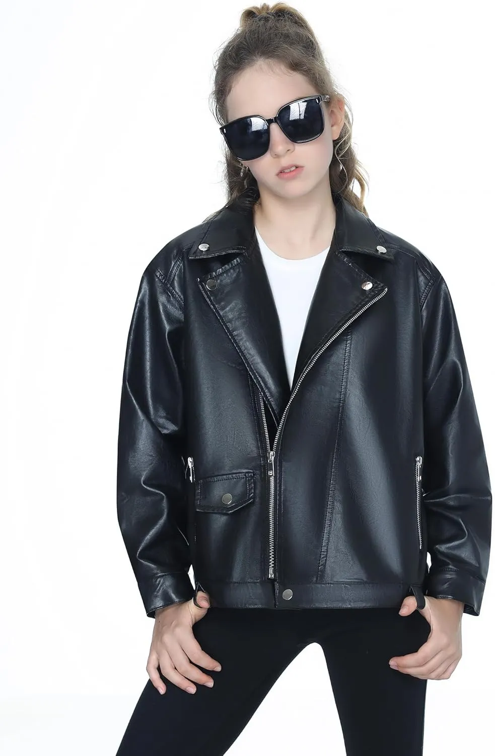 Mebius Girls Oversize Leather Jacket Kids Long Sleeve PU Faux Leather Pockets Youth Zip Up Outerwear Coats