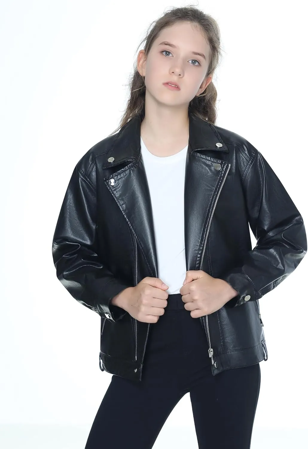 Mebius Girls Oversize Leather Jacket Kids Long Sleeve PU Faux Leather Pockets Youth Zip Up Outerwear Coats