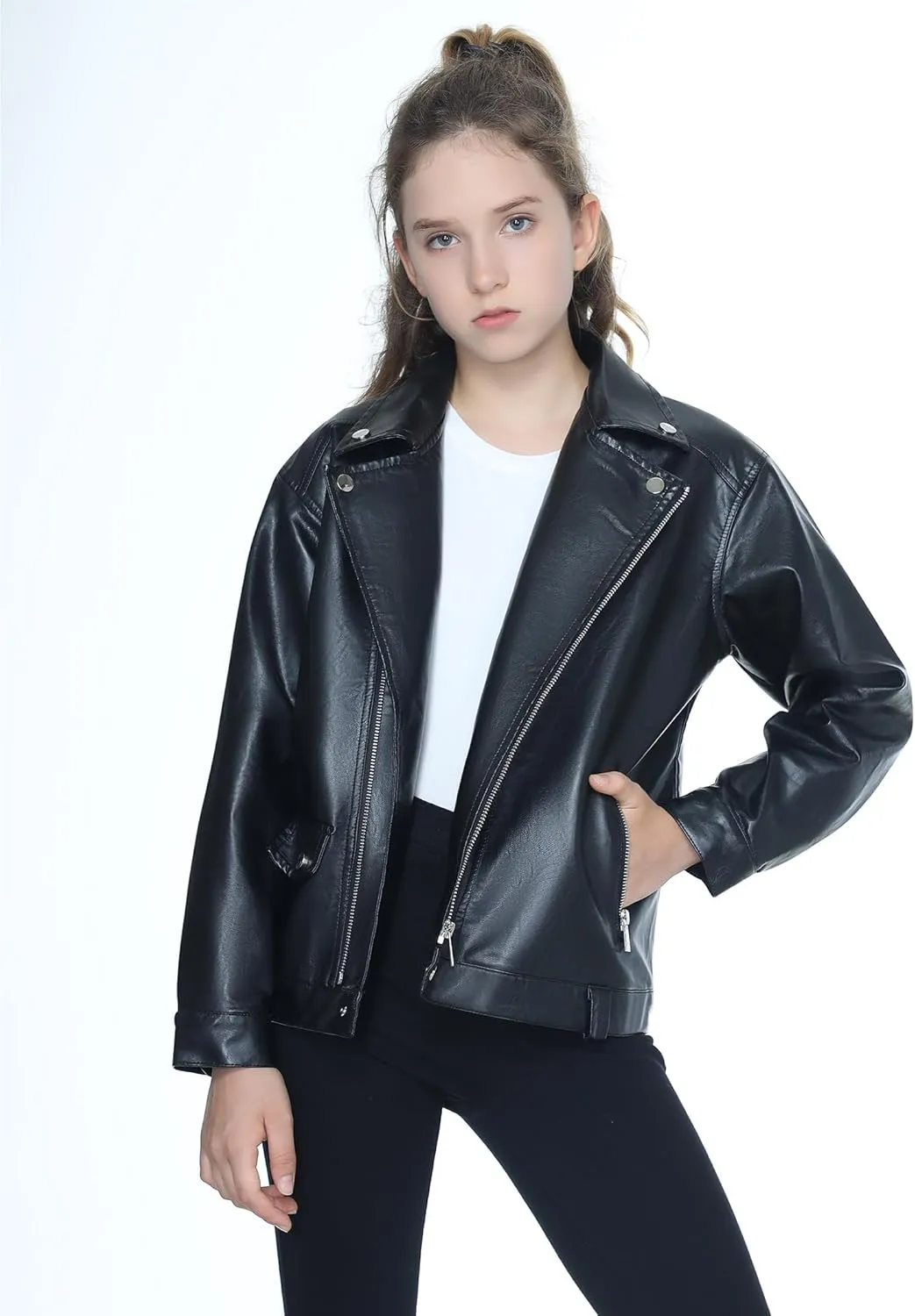 Mebius Girls Oversize Leather Jacket Kids Long Sleeve PU Faux Leather Pockets Youth Zip Up Outerwear Coats