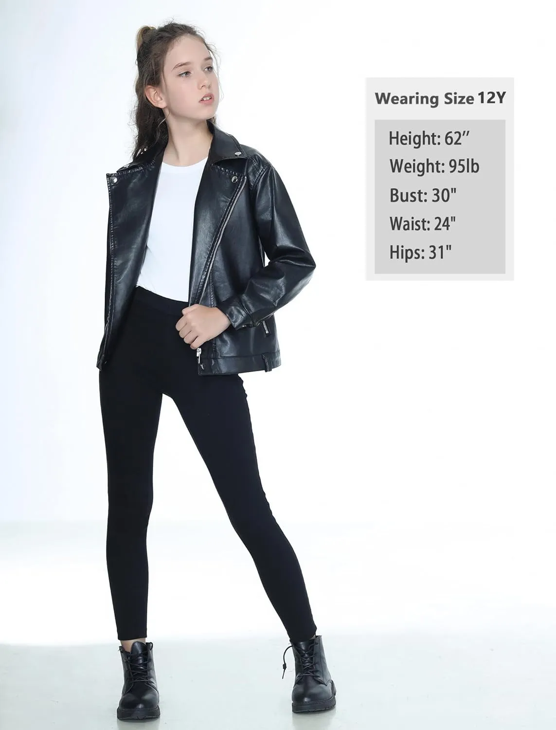 Mebius Girls Oversize Leather Jacket Kids Long Sleeve PU Faux Leather Pockets Youth Zip Up Outerwear Coats