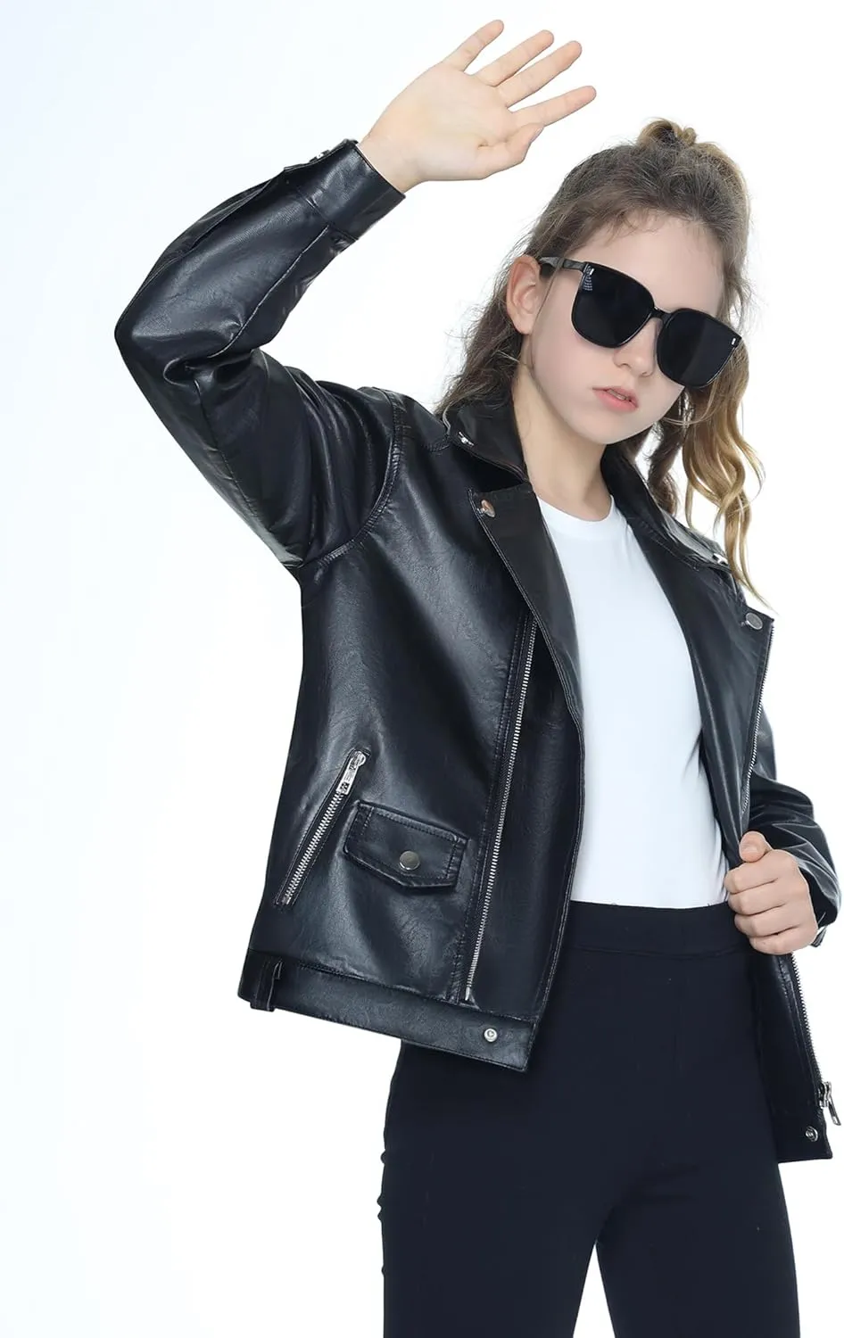 Mebius Girls Oversize Leather Jacket Kids Long Sleeve PU Faux Leather Pockets Youth Zip Up Outerwear Coats