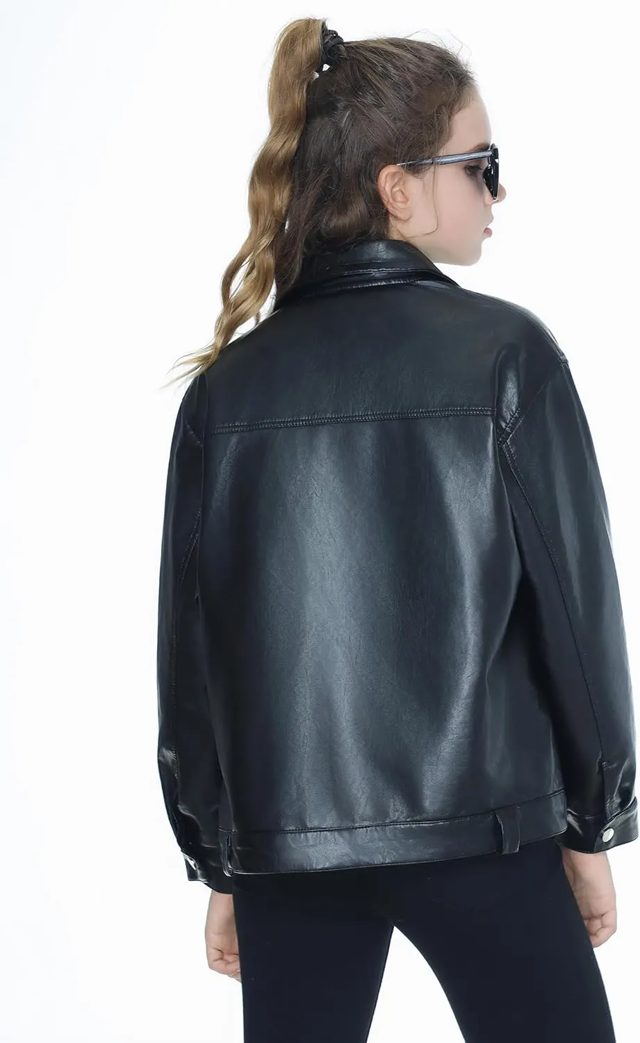 Mebius Girls Oversize Leather Jacket Kids Long Sleeve PU Faux Leather Pockets Youth Zip Up Outerwear Coats