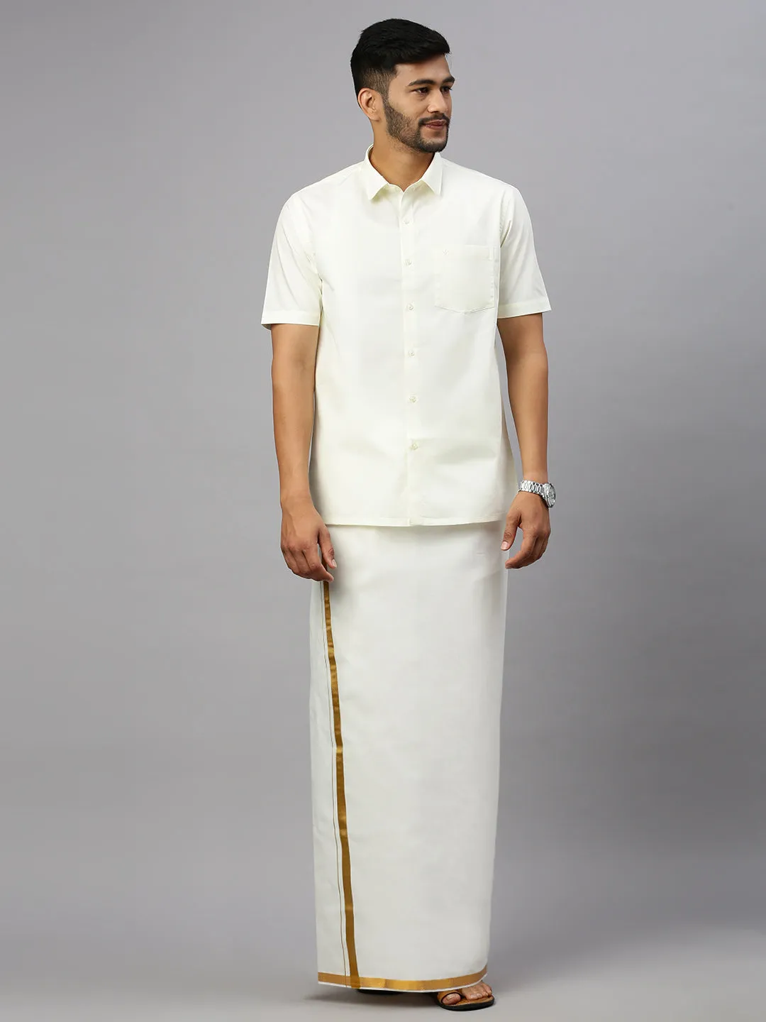 Men Double Dhoti Cream with Gold Jari 1" Arputha