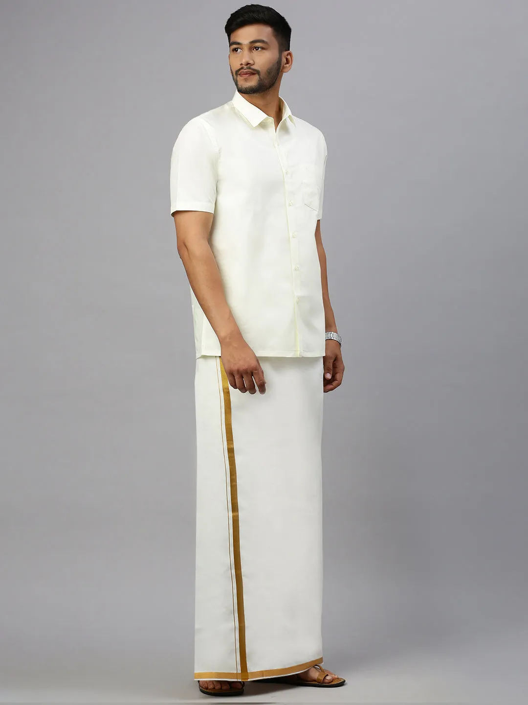 Men Double Dhoti Cream with Gold Jari 1" Arputha