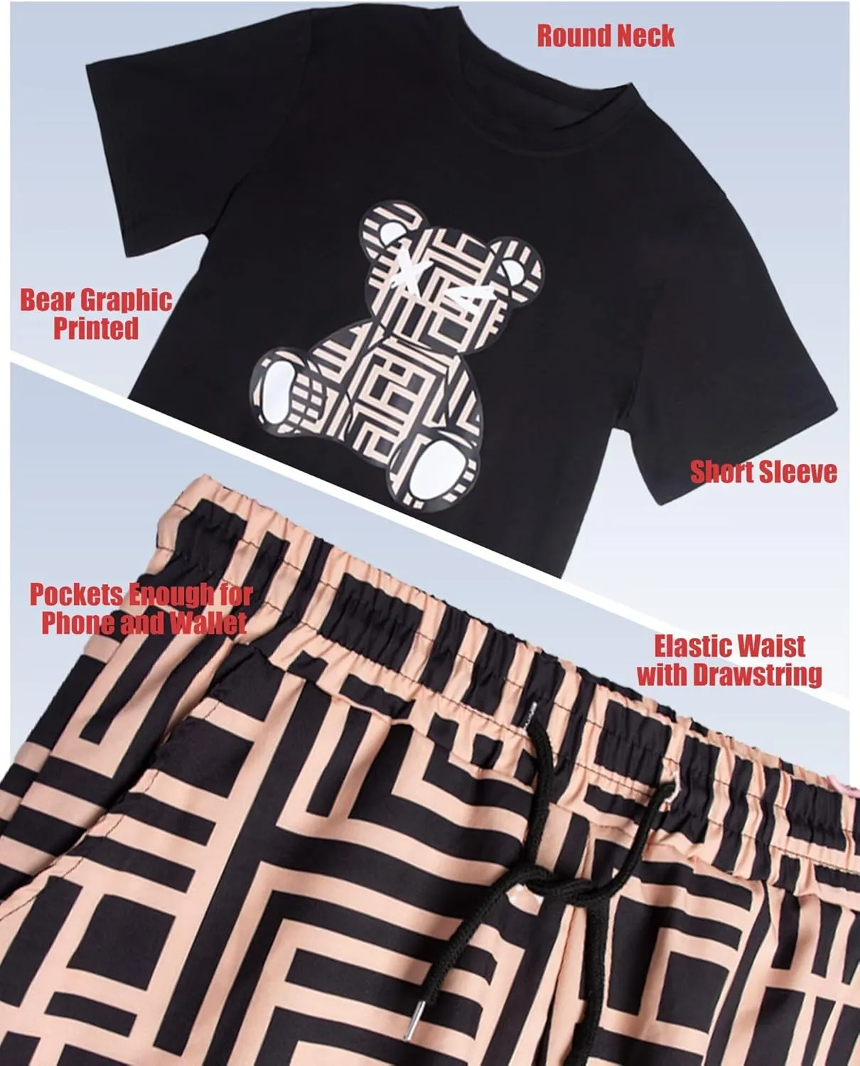 Mens 2 Piece Outfits Graphic Printed Matching Shirt and Shorts Set with Pocket Drawstring