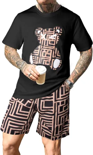 Mens 2 Piece Outfits Graphic Printed Matching Shirt and Shorts Set with Pocket Drawstring