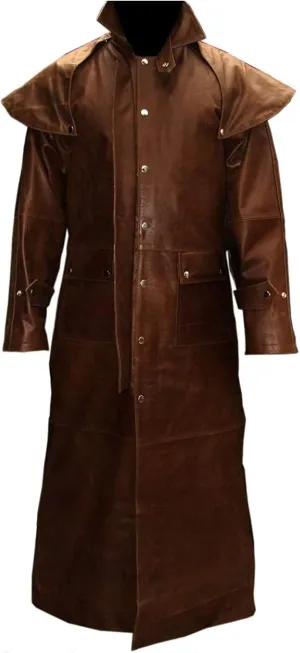 Mens Black & Brown Leather Long Coat Duster Riding Hunting Steampunk Trench Matrix Coats