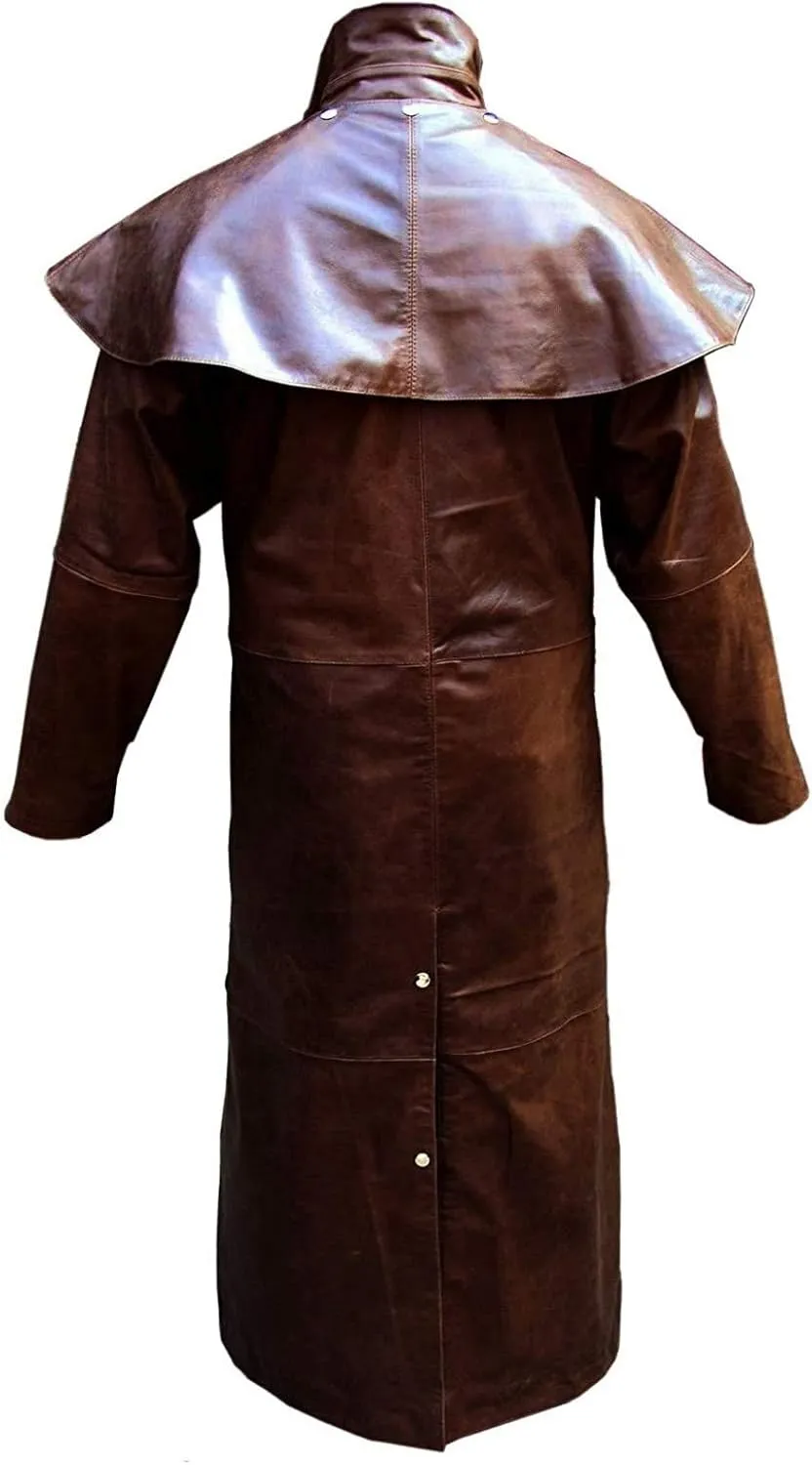 Mens Black & Brown Leather Long Coat Duster Riding Hunting Steampunk Trench Matrix Coats