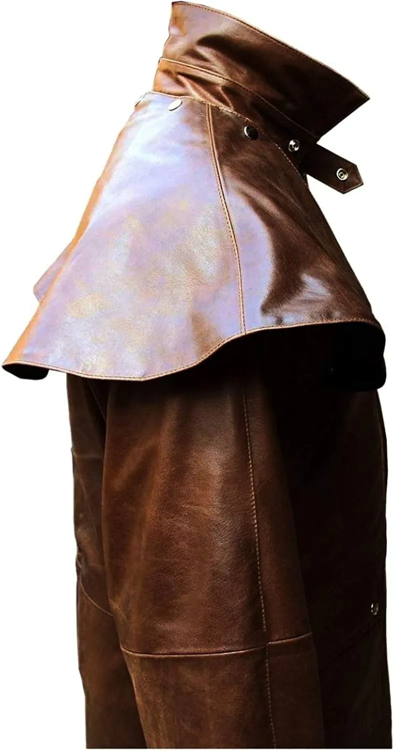 Mens Black & Brown Leather Long Coat Duster Riding Hunting Steampunk Trench Matrix Coats
