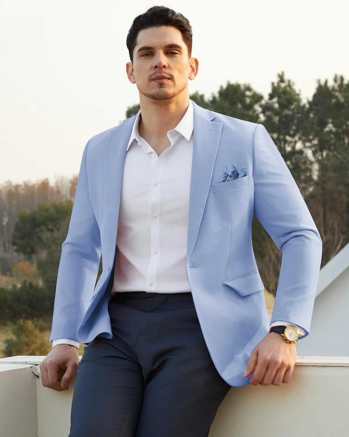 Mens Blazer Casual Sport Coats Slim Fit Lightweight Suit Jacket One Button Summer Blazers with Pocket Square