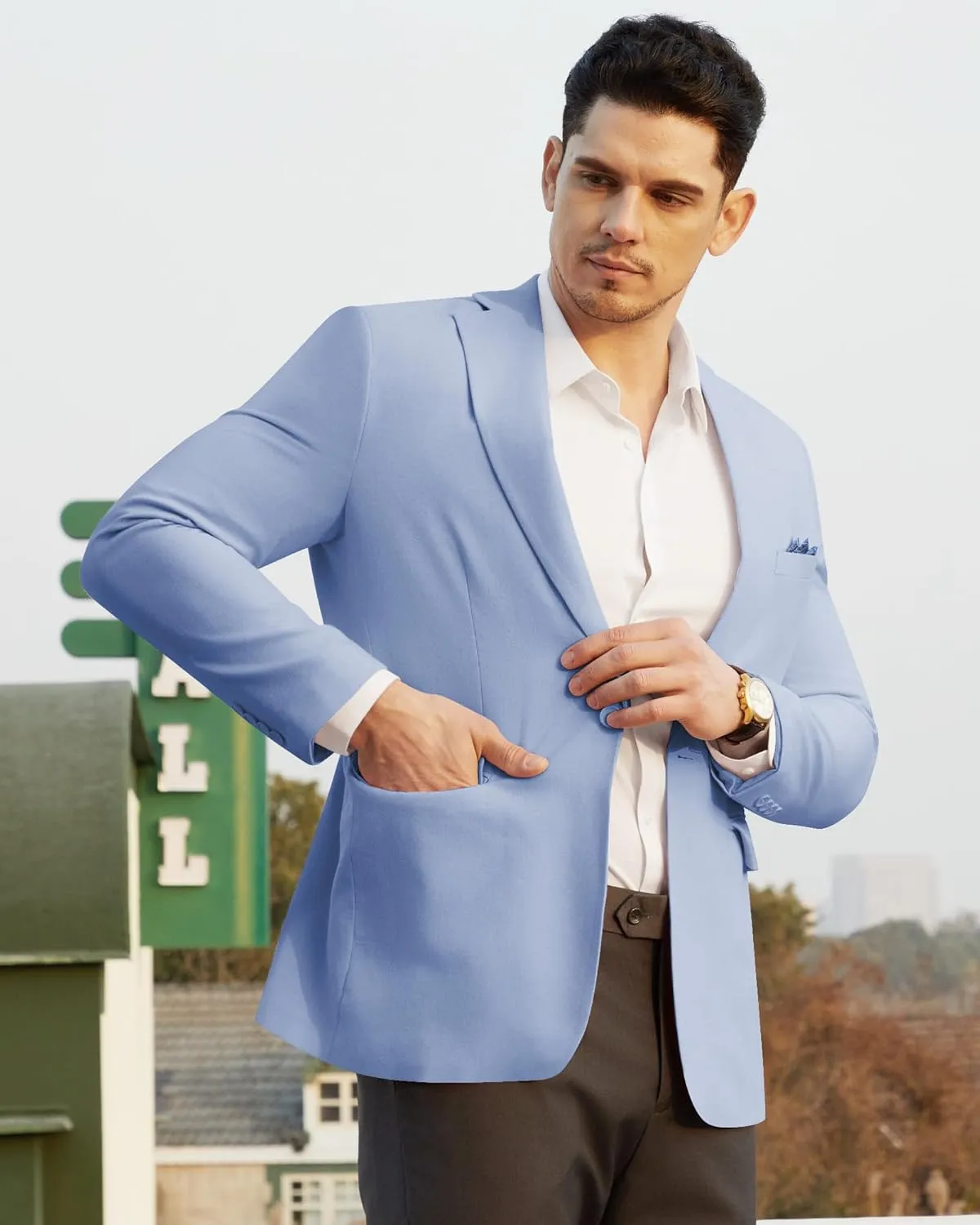 Mens Blazer Casual Sport Coats Slim Fit Lightweight Suit Jacket One Button Summer Blazers with Pocket Square