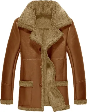 Men's Heavyweight PU Sherpa Jacket Fur Collar Long Trench Coats Faux Suede Winter Sheepskin Fleece Coat