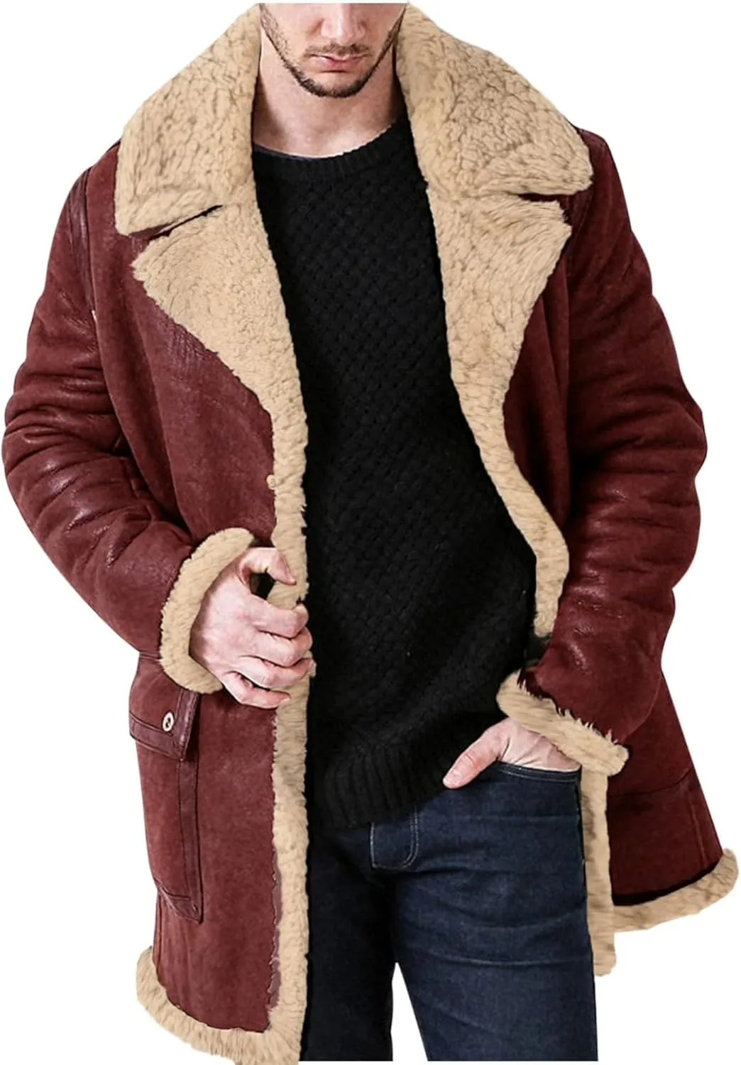 Men's Heavyweight PU Sherpa Jacket Fur Collar Long Trench Coats Faux Suede Winter Sheepskin Fleece Coat