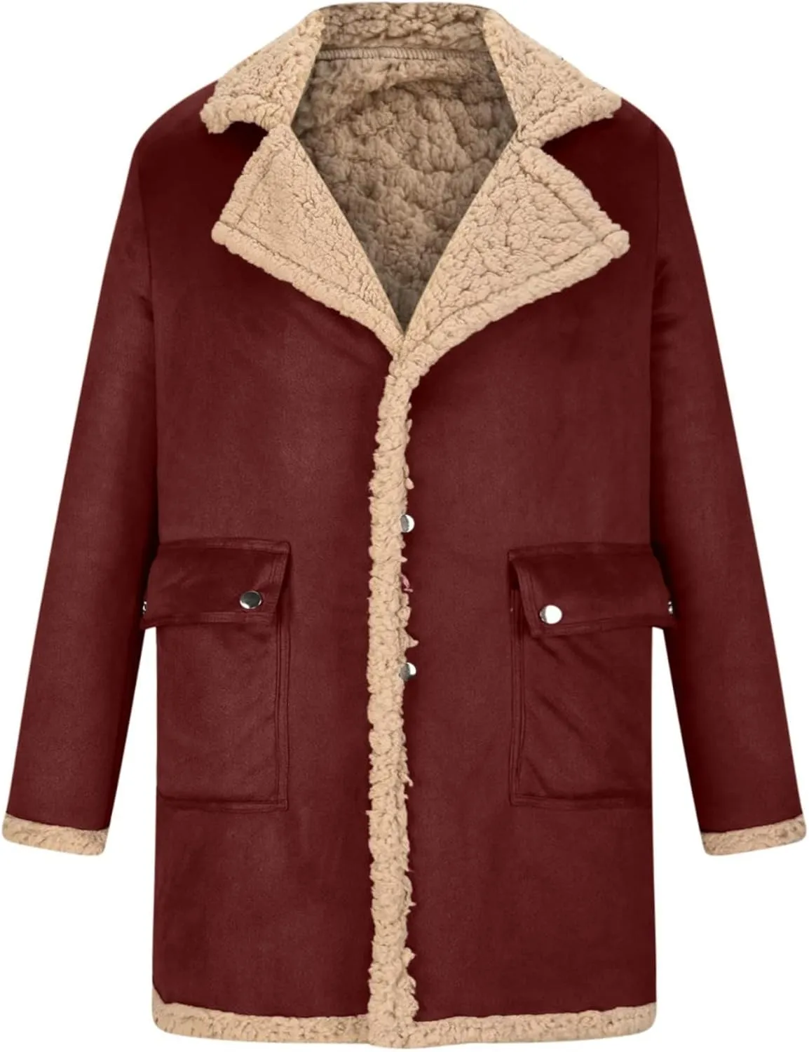 Men's Heavyweight PU Sherpa Jacket Fur Collar Long Trench Coats Faux Suede Winter Sheepskin Fleece Coat