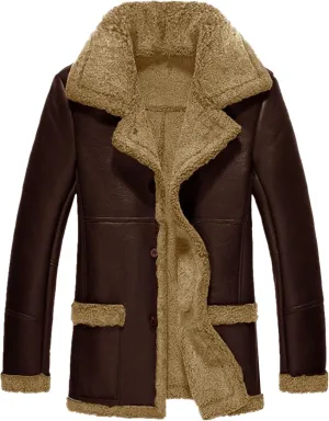 Men's Heavyweight PU Sherpa Jacket Fur Collar Long Trench Coats Faux Suede Winter Sheepskin Fleece Coat