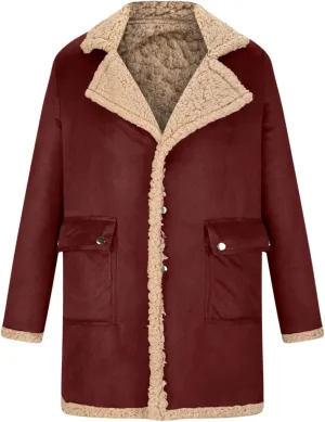 Men's Heavyweight PU Sherpa Jacket Fur Collar Long Trench Coats Faux Suede Winter Sheepskin Fleece Coat