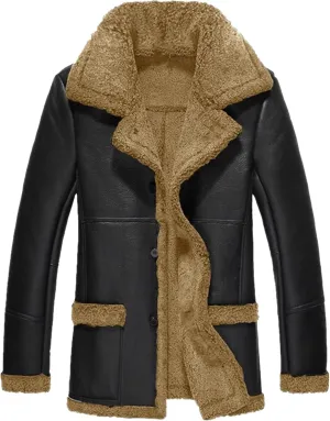 Men's Heavyweight PU Sherpa Jacket Fur Collar Long Trench Coats Faux Suede Winter Sheepskin Fleece Coat