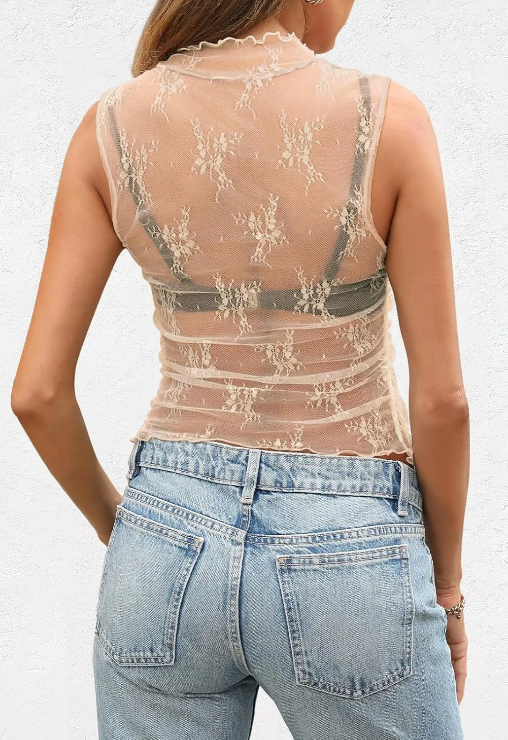 MEROKEETY Women's 2025 Sleeveless Sheer Mesh Lace Crop Tank Top See Through Summer Sexy Y2K Mock Neck Blouses Shirts