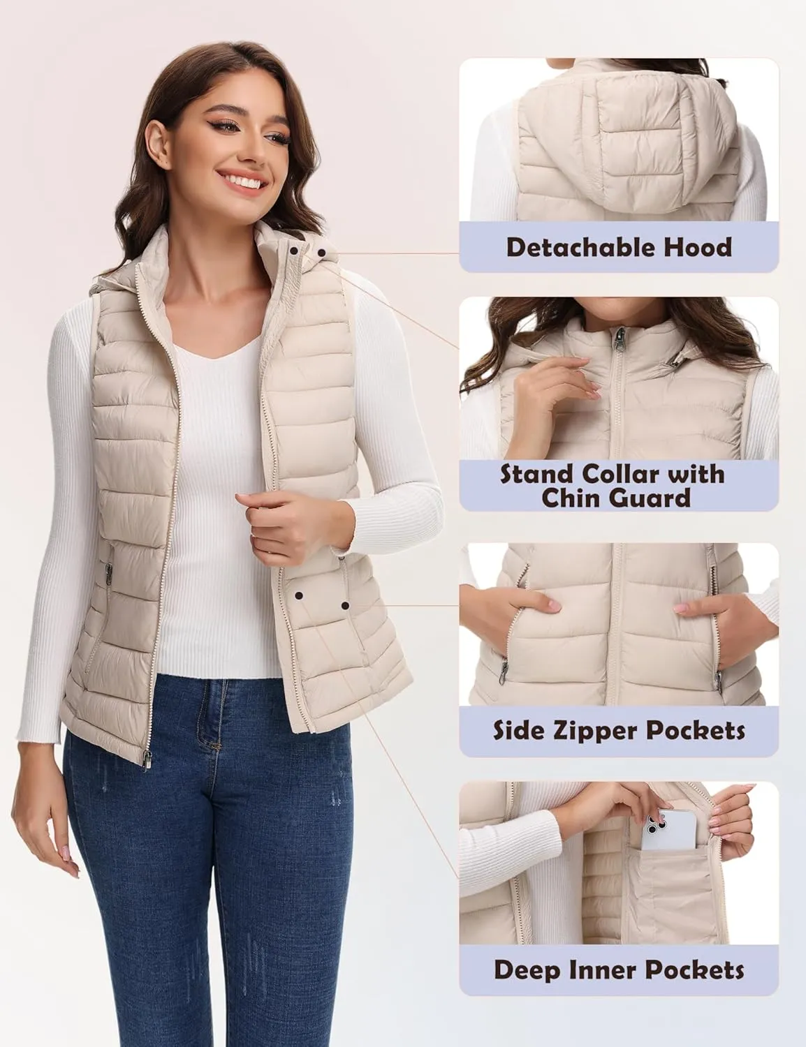 MIDNIGHTSUN Womens Packable Puffer Vest Lightweight Hooded Full Zip Warm Winter Puffy Vest