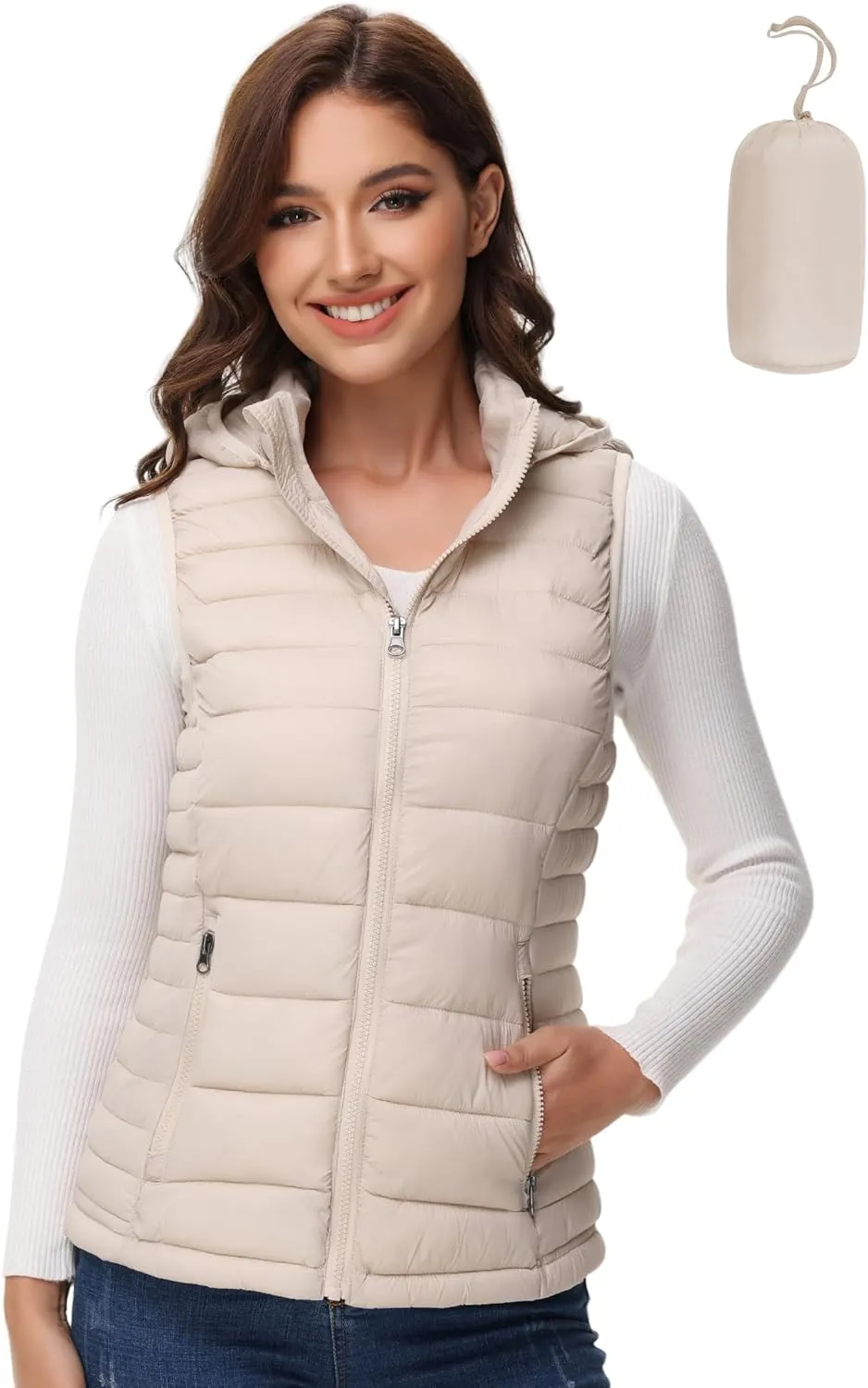MIDNIGHTSUN Womens Packable Puffer Vest Lightweight Hooded Full Zip Warm Winter Puffy Vest