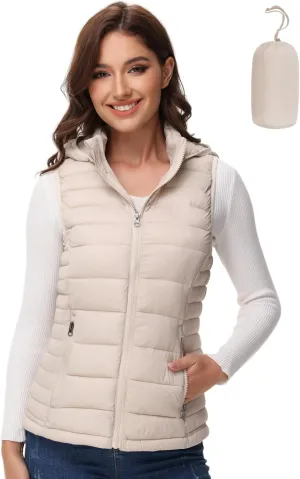MIDNIGHTSUN Womens Packable Puffer Vest Lightweight Hooded Full Zip Warm Winter Puffy Vest