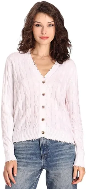 Minnie Rose Women's Long Sleeve V Neck Cotton Frayed Cardigan Sweater