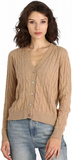 Minnie Rose Women's Long Sleeve V Neck Cotton Frayed Cardigan Sweater