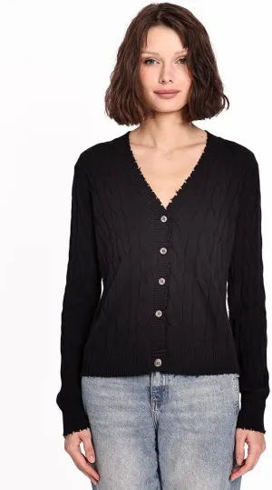 Minnie Rose Women's Long Sleeve V Neck Cotton Frayed Cardigan Sweater