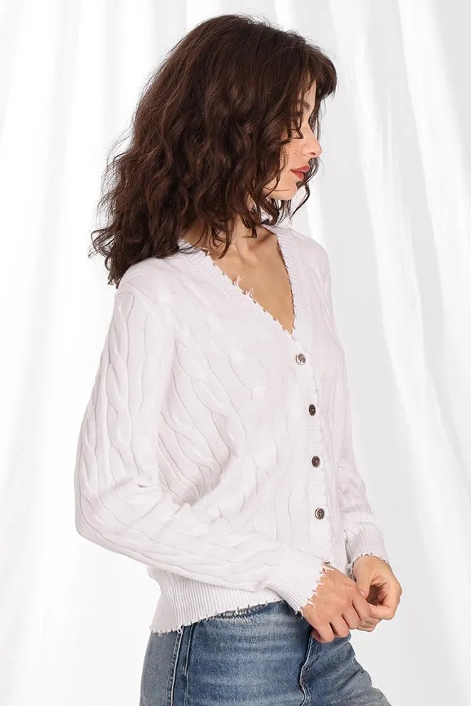 Minnie Rose Women's Long Sleeve V Neck Cotton Frayed Cardigan Sweater