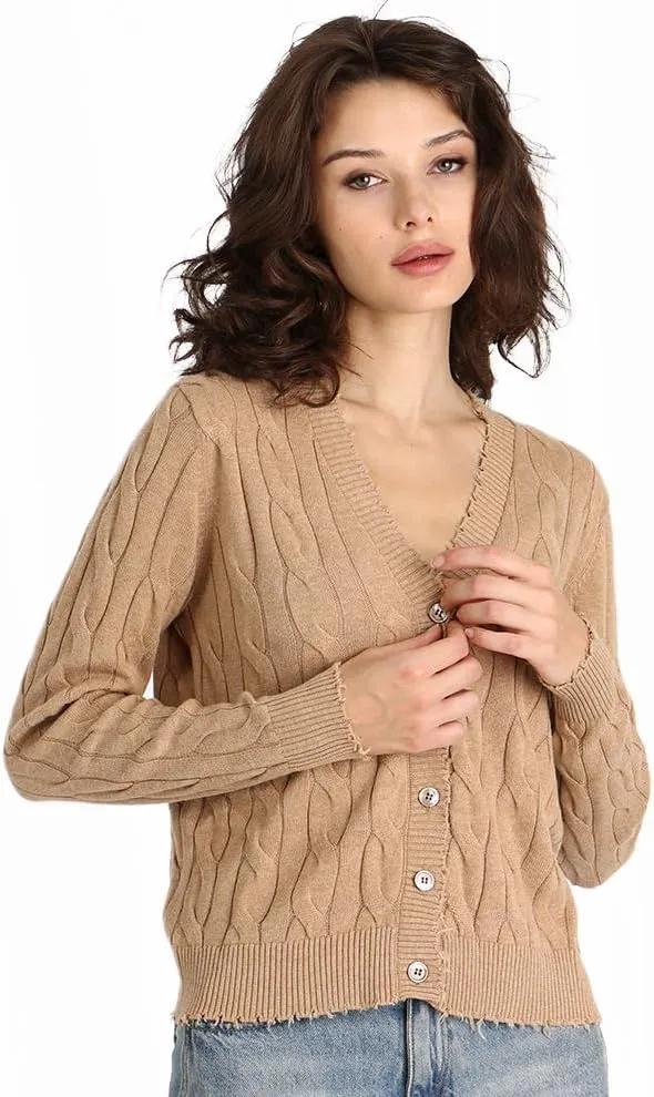 Minnie Rose Women's Long Sleeve V Neck Cotton Frayed Cardigan Sweater