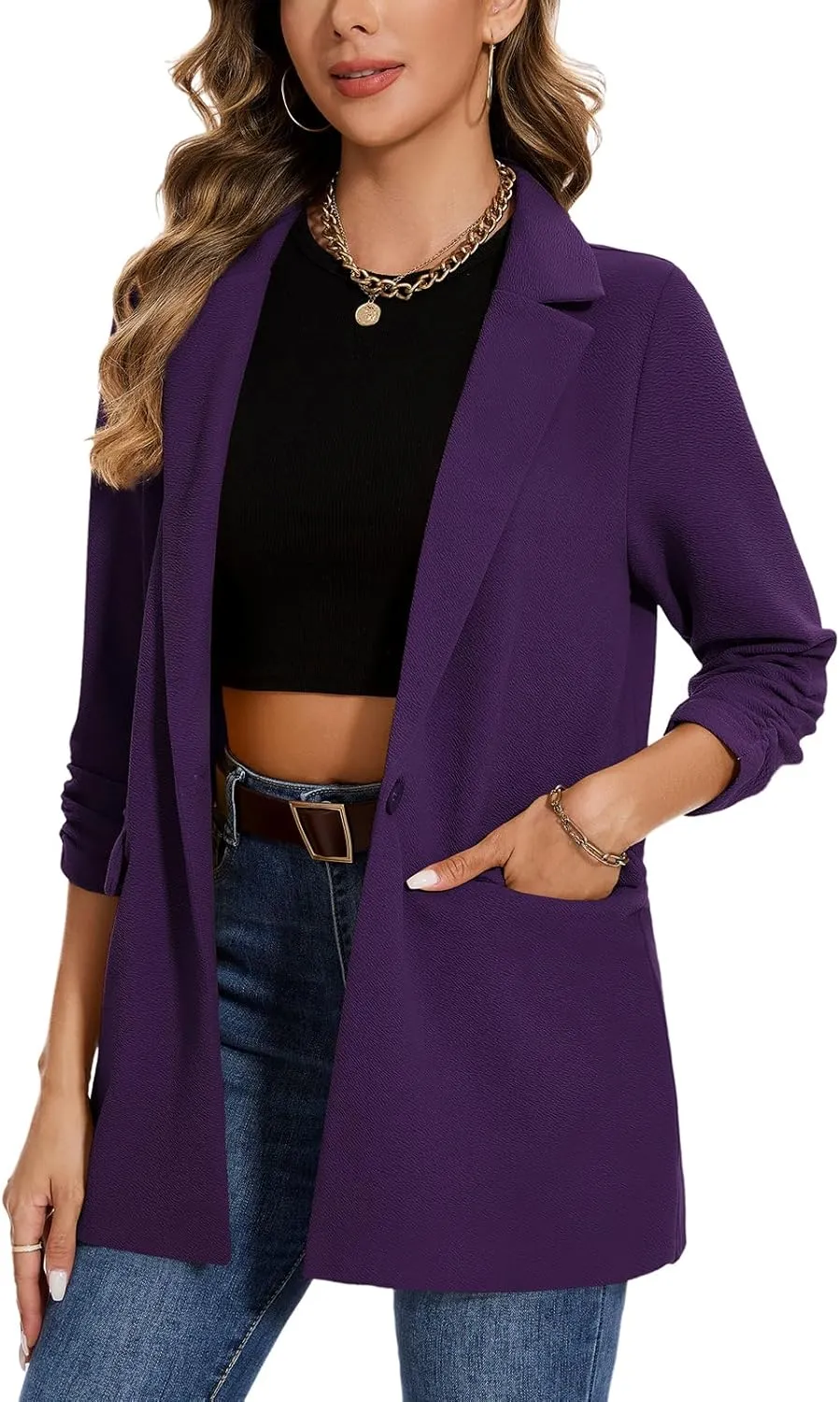 MINTLIMIT Women's Casual Long Blazer 3/4 Ruched Sleeve Lapel Button Front Work Office Blazers Suit Jacket with Pockets
